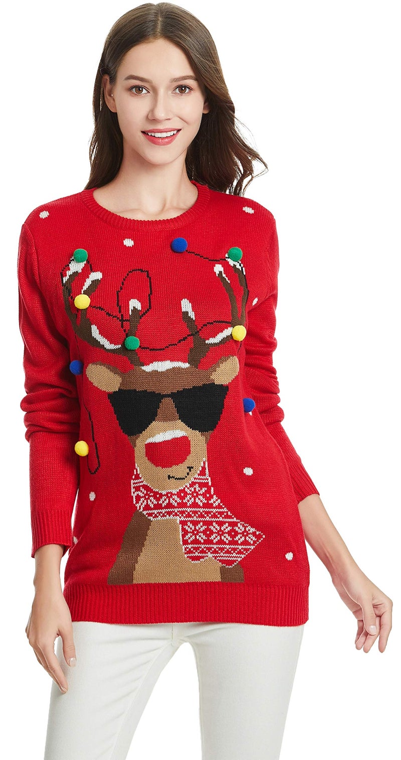 *daisysboutique* Women's Christmas Reindeer Rudolph Girl Sweater Knitted Holiday Pullover (X-Small, Lighting-smartdeer) - Image 3